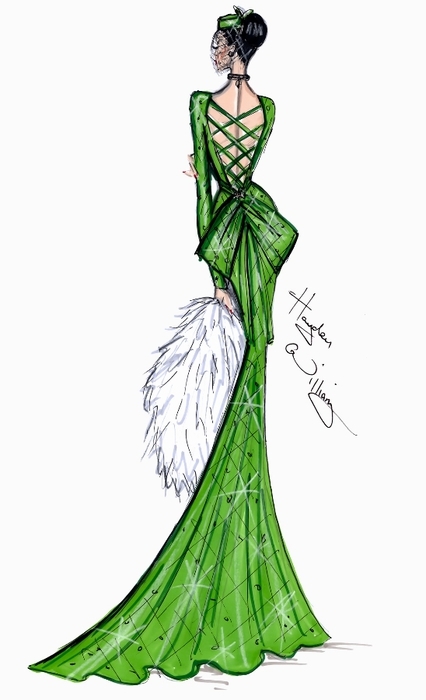绿色鱼尾婚纱长裙设计图