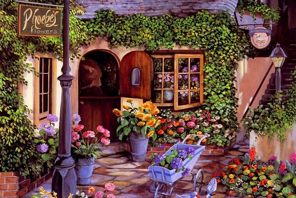 花卉房屋油画图片