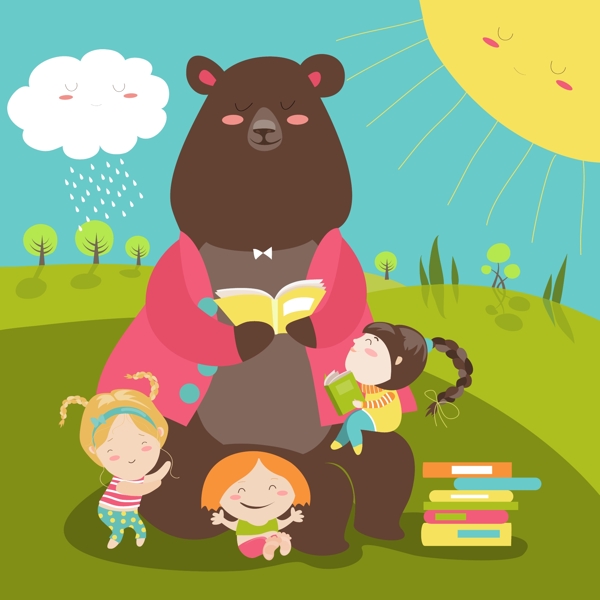 可爱小熊读书女孩元素