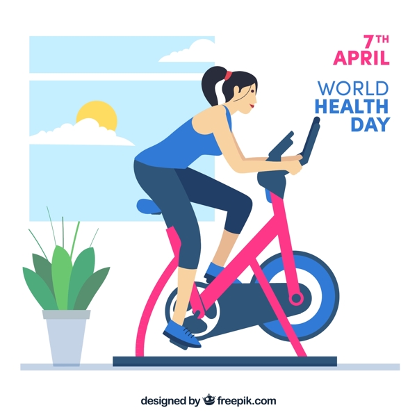 创意世界健康日骑健身车的女子