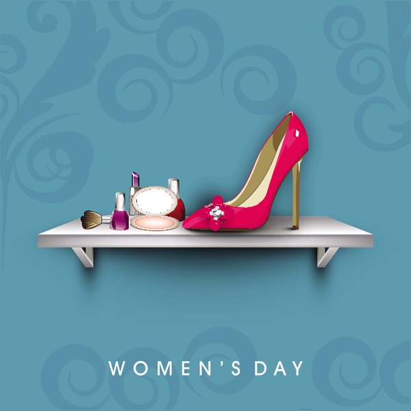 三八妇女节贺卡或海报设计与化妆品和女士们的鞋子
