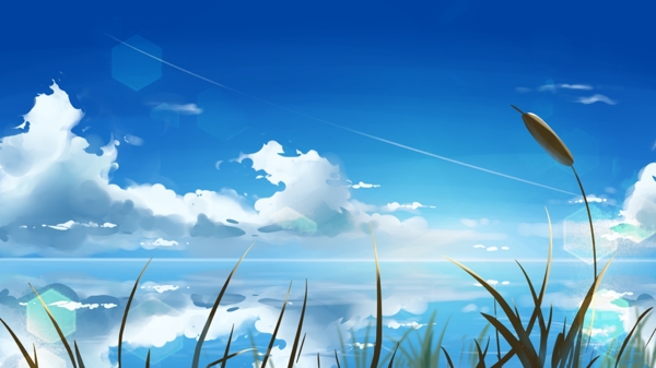 原创插画日系风景海边风景蓝天白云