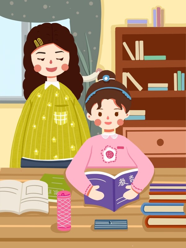 儿童教育陪伴孩子阅读插画