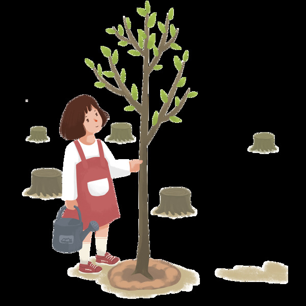 小清新种树浇水的女孩插画元素