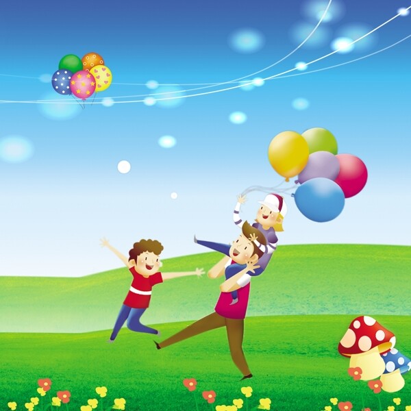 卡通一家人光线光晕气球花朵青草素材