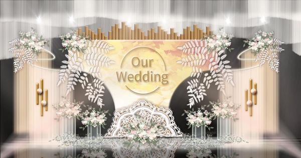 沙漏型舞台弧形帷幕纱幔垂吊叶子婚礼效果图