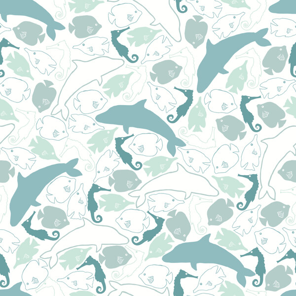 日系绿色调海洋元素壁纸图案装饰设计