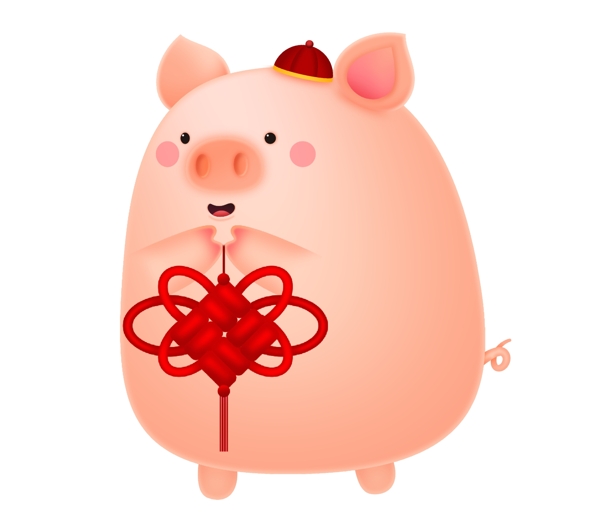 手绘拿中国结的胖小猪插画