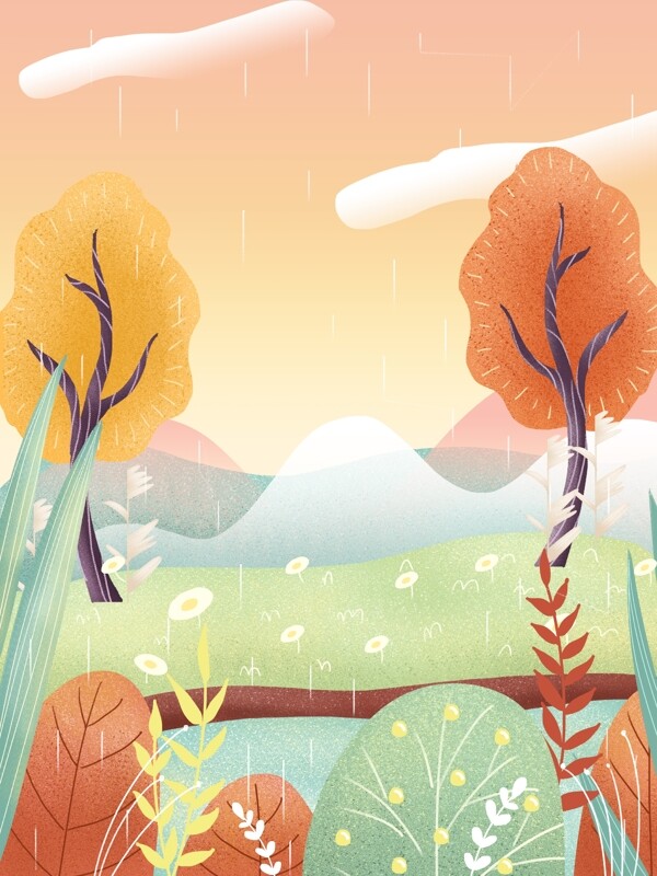 手绘谷雨节气树林草丛背景设计