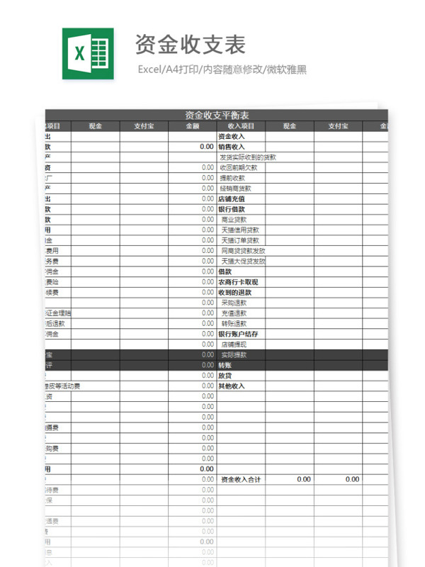 资金收支表Excel文档