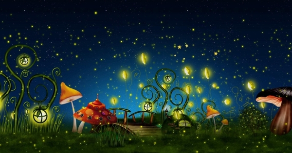 星空夜景蘑菇萤火虫梦境卡通素材