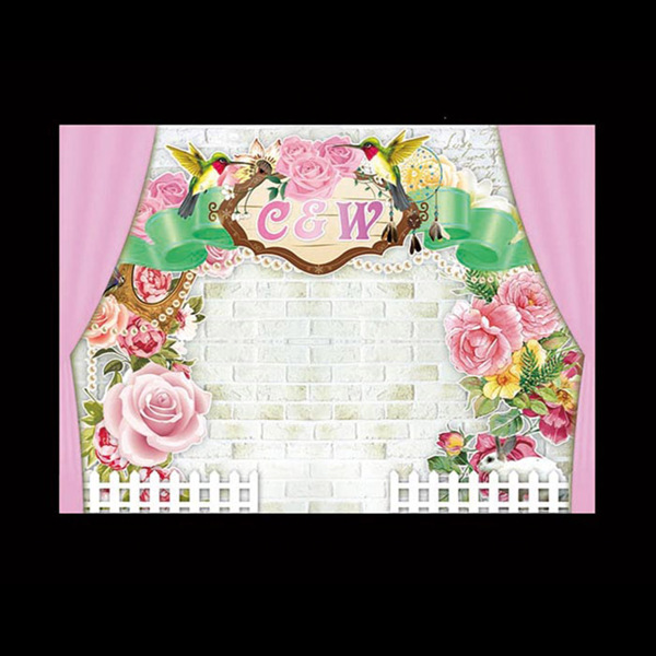 拱门粉色花栅栏砖墙婚礼背景