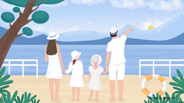 清新暑假全家人海边旅游插画