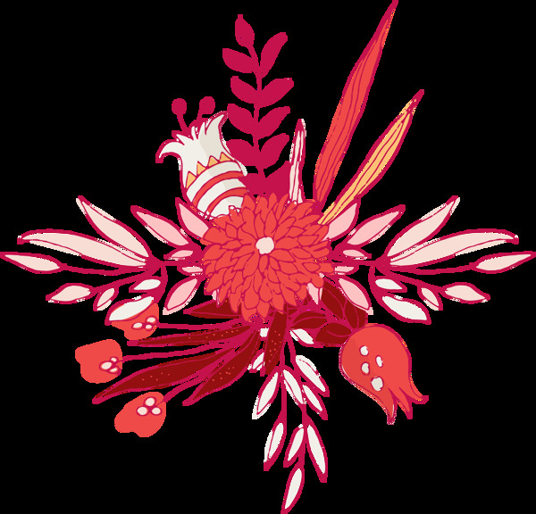 手绘红色线性花卉png透明素材
