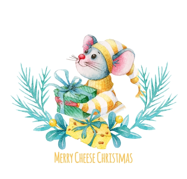 水彩绘圣诞节抱礼物的老鼠
