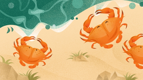 夏季大暑螃蟹沙滩大海手绘插画