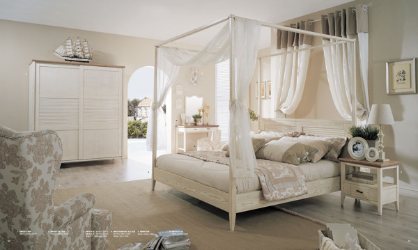 现代地中海家居卧室床铺装修实景图