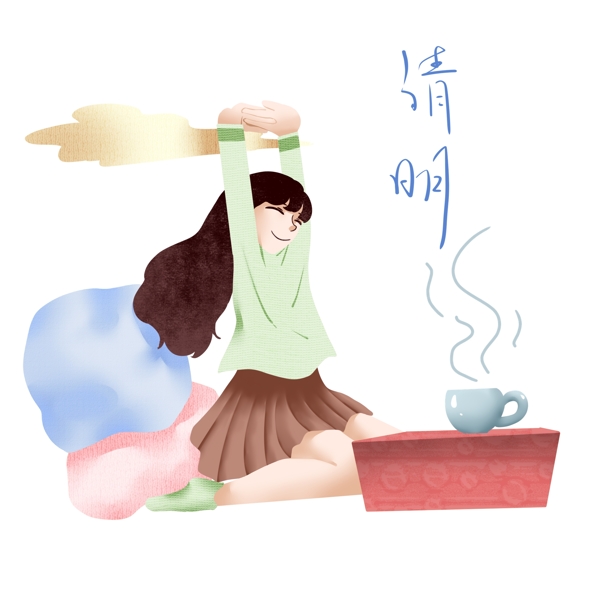清明节喝茶的小女孩