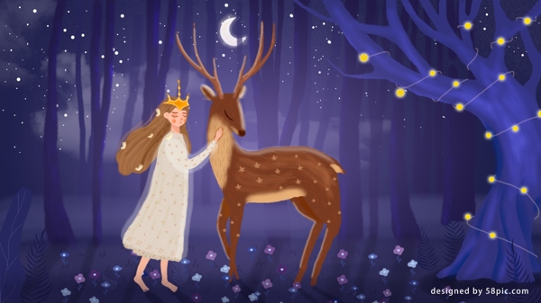 原创蓝色夜晚森林公主与鹿治愈系插画