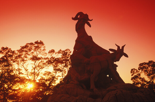 夕阳下的牛雕塑图片