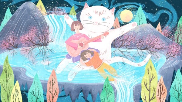 山物记插画山中湖泊的猫和女孩