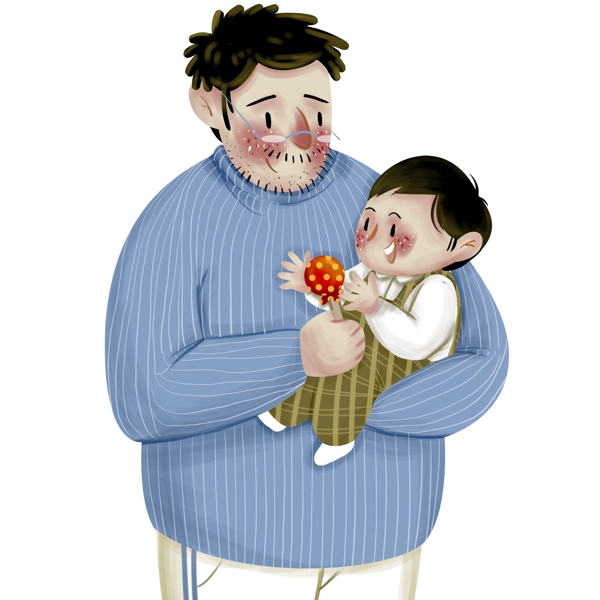 温馨手绘父亲节抱着儿子的爸爸