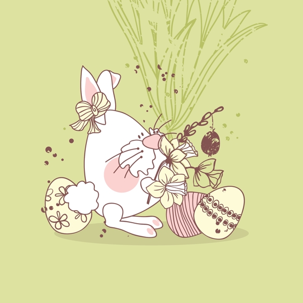 插画植物前的兔子和蛋以及花朵