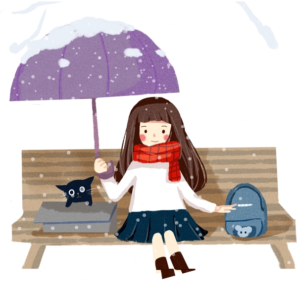 彩绘大雪中撑着伞坐在公园长椅上的女学生