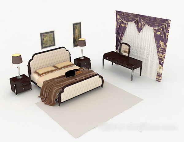 中式复古木质双人床3d模型下载