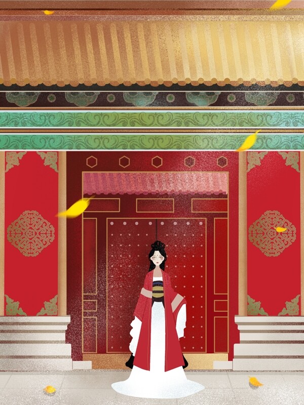 故宫宫殿门口的古代红衣女子