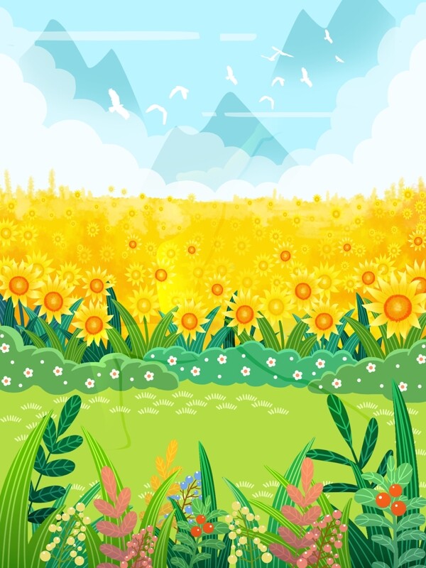 卡通野外草地向日葵背景图