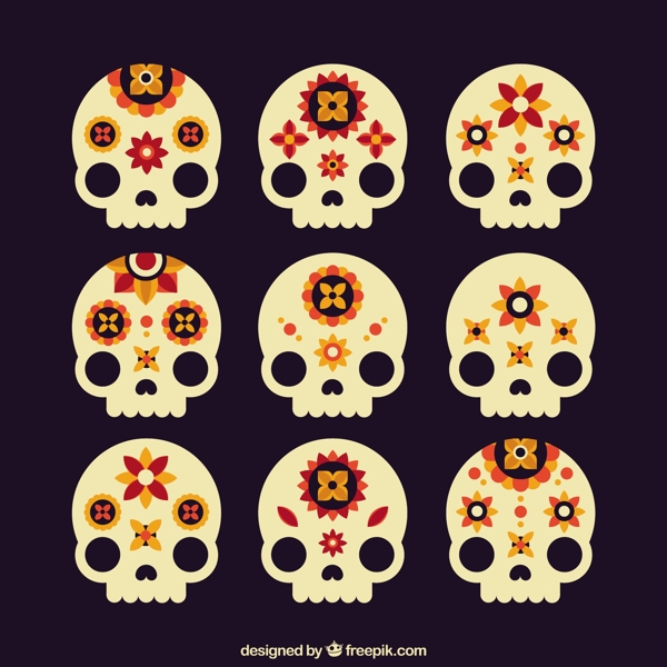 九个花卉装饰的头骨图标矢量素材