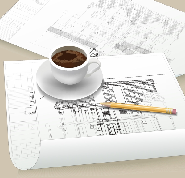 城市建筑别墅设计图和咖啡图片