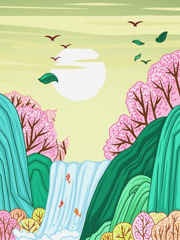 手绘春季樱花瀑布背景设计