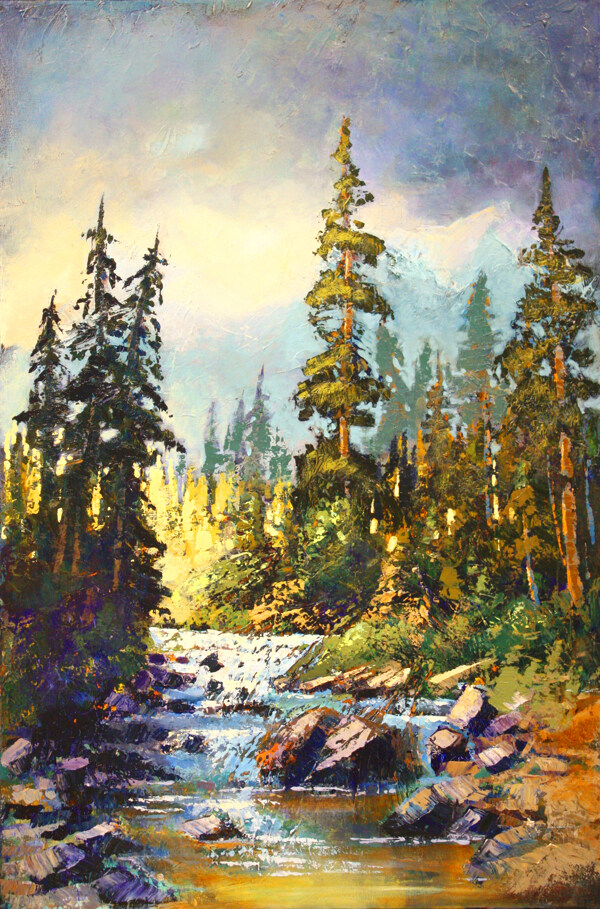 油画森林河流图片