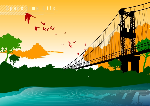 河水大桥与自然风景剪影矢量素材
