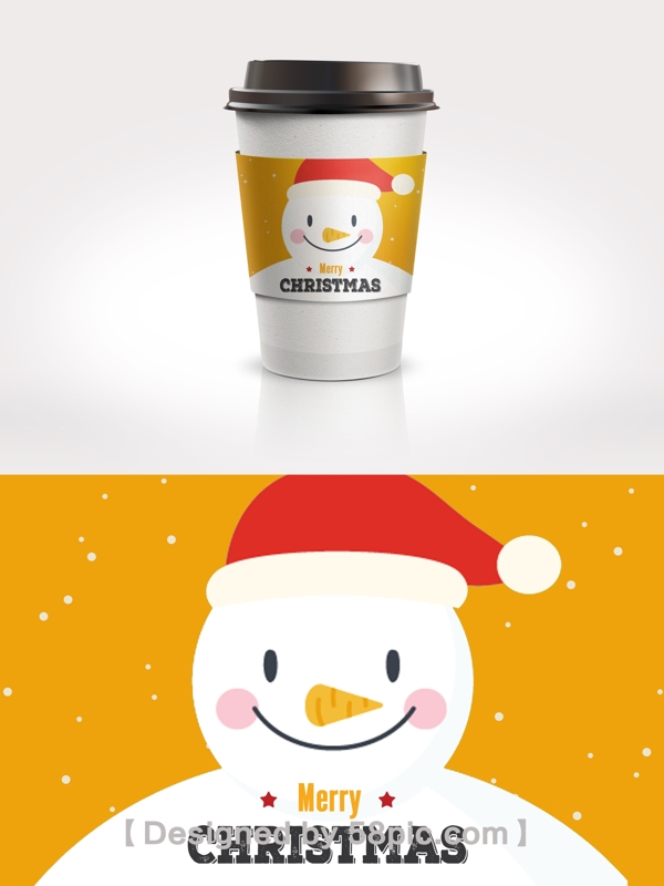 黄色圣诞雪人节日咖啡杯套设计