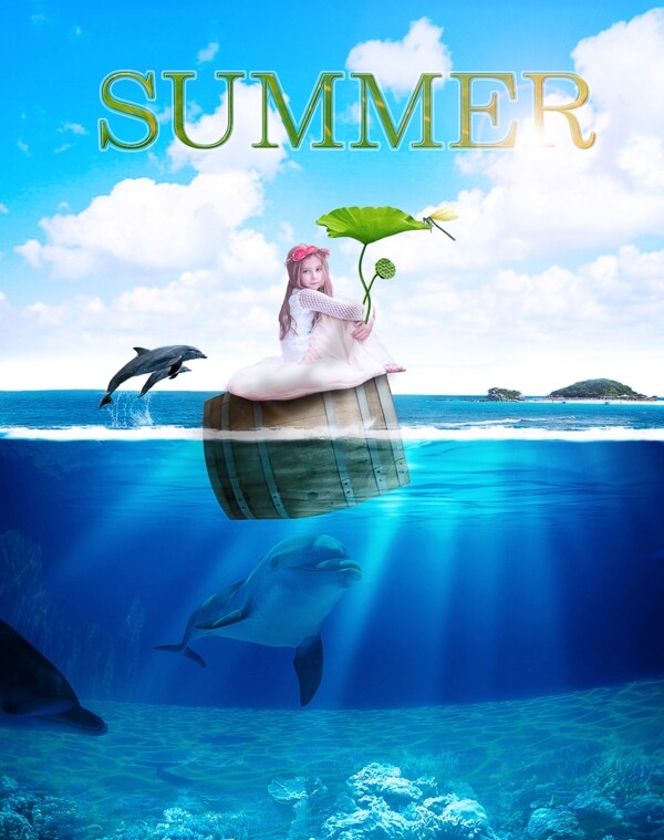 夏日海面调皮海豚与小女孩