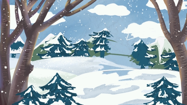 手绘树林雪花雪景背景素材