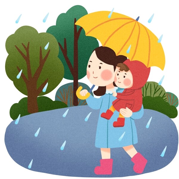 下雨抱小孩插画手绘