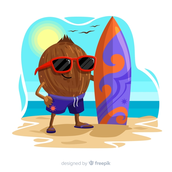 卡通海边准备冲浪椰子