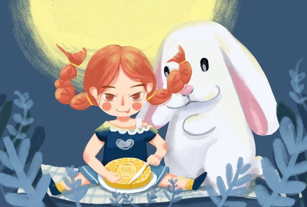 中秋节女孩和兔子月亮下吃月饼原创插画