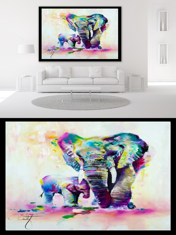 大象的母爱油画装饰画