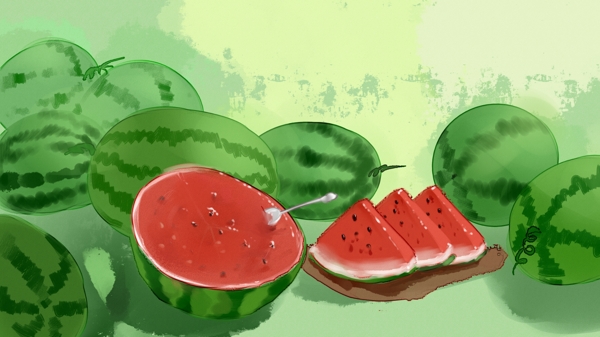 夏日西瓜水果水彩插画
