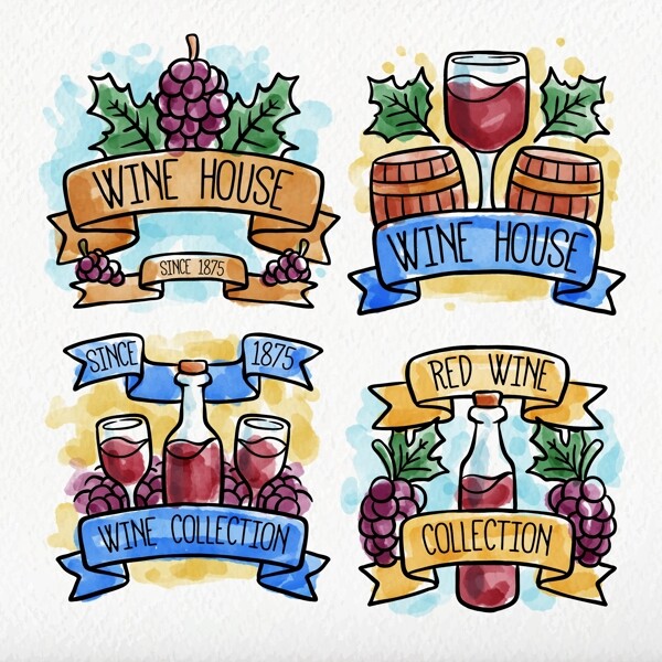 四款手绘水彩红葡萄酒标签