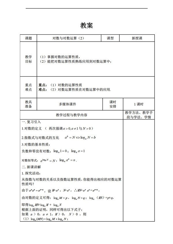 数学人教新课标A版2.2.1对数及对数运算教案2表格式