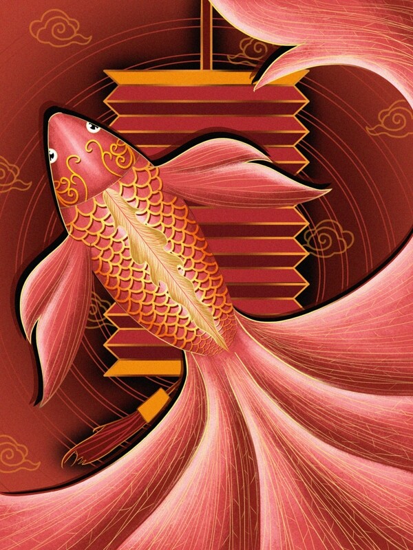珊瑚红中国风复古肌理之新年锦鲤插画