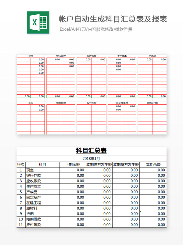 T字帐户自动生成科目表Excel模板2
