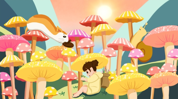 早安你好之早起的姑娘与森林的小动物采蘑菇