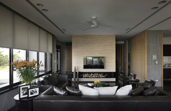现代简约暗色调客厅皮质沙发效果图